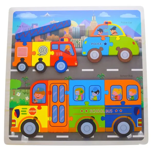 Puzzle incastru lemn cu 3 vehicule, autobuz, masina de politie si masina de pompieri, 23 piese, 30x30 cm,3 ani+