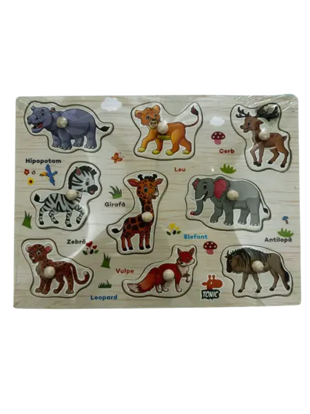 Puzzle lemn incastru Animale 9 piese cu maner - in limba romana