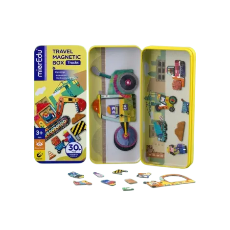 Puzzle magnetic in cutie metalica, joc de potrivire si asociere - Camioane