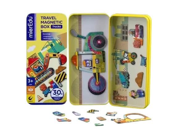 Puzzle magnetic in cutie metalica, joc de potrivire si asociere - Camioane