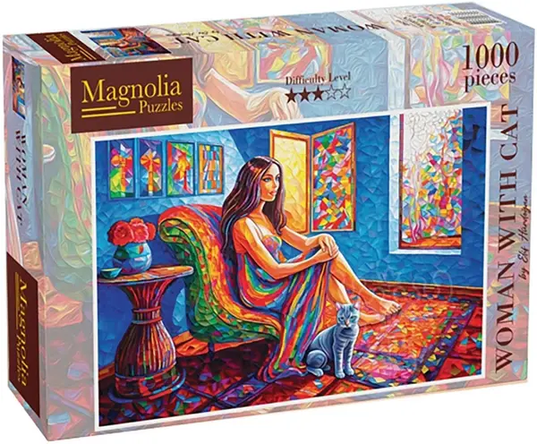 Puzzle Magnolia din 1000 piese - Femeie cu pisică