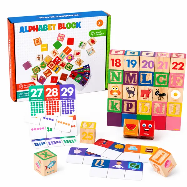 Puzzle Montessori din lemn cu literele alfabetului si potrivire forme