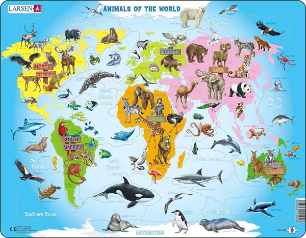 Puzzle pentru copii Larsen din 28 de piese - Animalele din lume