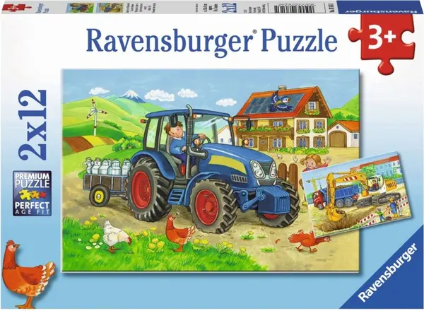 Puzzle pentru copii Ravensburger din 2 x 12 piese - Șantier de construcții și fermă