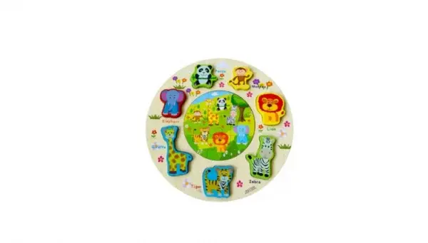 Puzzle rotund 3D incastru din lemn, animale