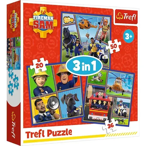 Puzzle Trefl 3 in 1 Pompierul Sam, O zi din viata pompierilor, 20/36/50 piese