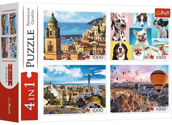 Puzzle Trefl din 4 х 1000 piese -Amalfi, Barcelona, baloane și câini