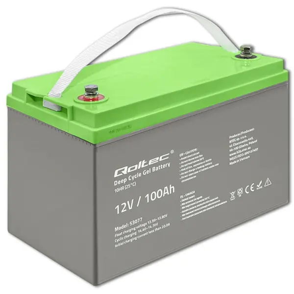 QOLTEC Baterie cu gel, Qoltec, Aluminiu, 12V, 100Ah, Gri