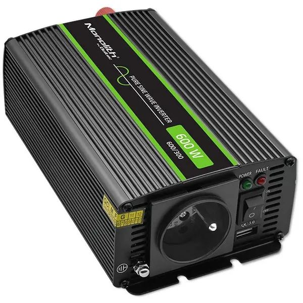 QOLTEC Convertor de tensiune Qoltec Monolith,300W, 600W, 24V la 230V, Pure Sine, Negru