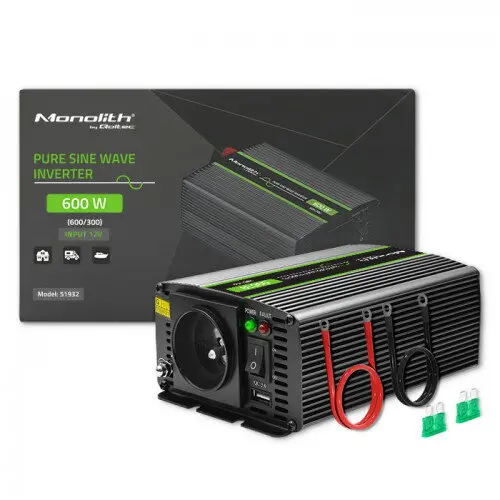 QOLTEC Invertor de tensiune Qoltec Monolith, 51932, 300W, Unda sinusoidala pura, 12V DC la 230V AC