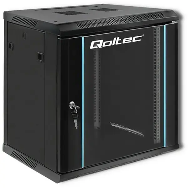 QOLTEC Rack 19 12U, Qoltec, 54464, Otel Laminat La Rece Spcc, Sticla Securizata, Capacitate Maxima De Incarcare Statica: 70 Kg, Centre De Date, Teletehnica, Energetica, Industrie, Montaj Usor, Constructie Rezistenta, Suspendat, 600 x 635 x 450 mm, Negru