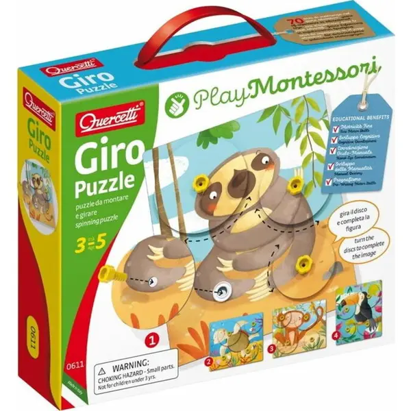 Quercetti Puzzle Quercetti Giro puzzle Montessori, 4 puzzle-uri cu animale, dezvoltare motricitate fina
