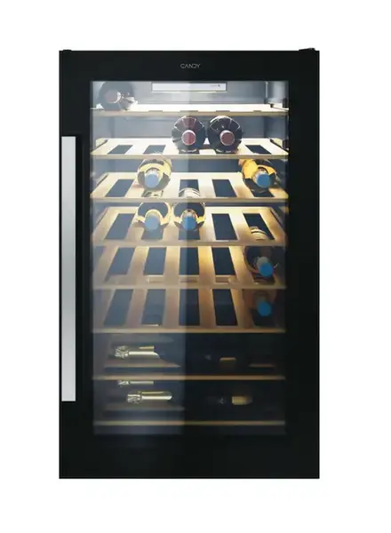 Racitor vinuri Candy CWC 154 EEL/NF, 7 rafturi din lemn, capacitate 41 sticle, Clasa G, iluminare interioara LED, panou control cu afisaj electronic (Negru)