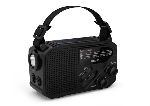 Radio portabil cu lanterna Philips TAR1609/00, Incarcare solara si manivela, USB, FM/AM, Autonomie 32 ore, 1 W (Negru)