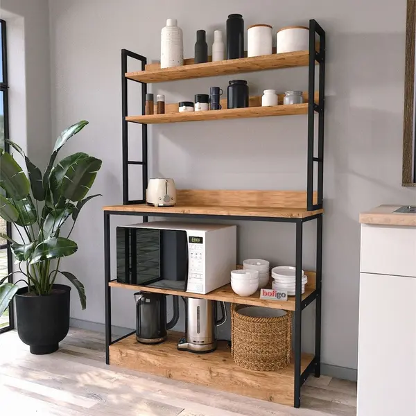 Raft bucatarie Panama cu rafturi deschise si inchise, 80 x 170 cm, suport dedicat microunde si accesorii mari, cadru metalic rezistent + PAL melaminat 18 mm, stil industrial modern pentru bucatarie sau camara