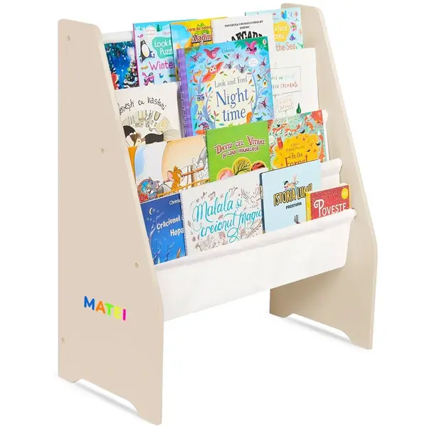 Raft de Carti pentru Copii, Organizator cu etajere din textil, pentru depozitare jucarii, carti si caiete. Mobilier din Lemn MDF, 71.5 x 62 x 30 cm - Crem