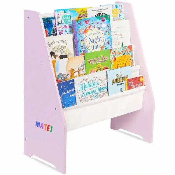 Raft de Carti pentru Copii, Organizator cu etajere din textil, pentru depozitare jucarii, carti si caiete. Mobilier din Lemn MDF, 71.5 x 62 x 30 cm - Roz