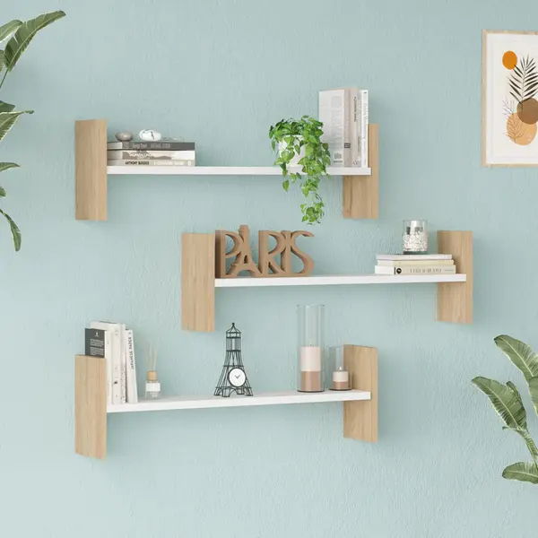 Raft de perete cu design modern Mento , alb cu accente de stejar, MDF, 76x15x24 cm.