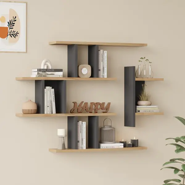 Raft de perete Wall shelf Ledia stejar cu antracit color, Stejar - Antracit, 111x15x78 cm