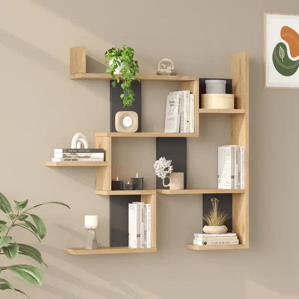 Raft de perete Wall shelf Maze stejar cu antracit color, Stejar - Antracit, 94x15x90 cm