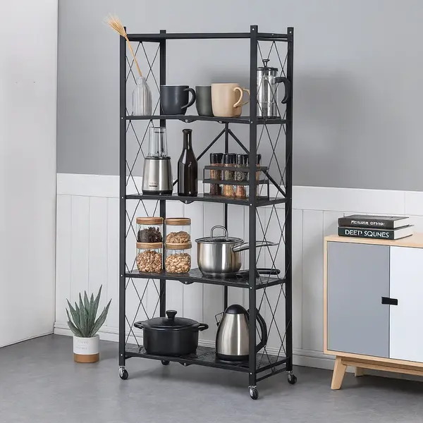 Raft depozitare metalic, pliabil, pe roti, 5 polite, Negru, 50 kg, 72x34x163 cm