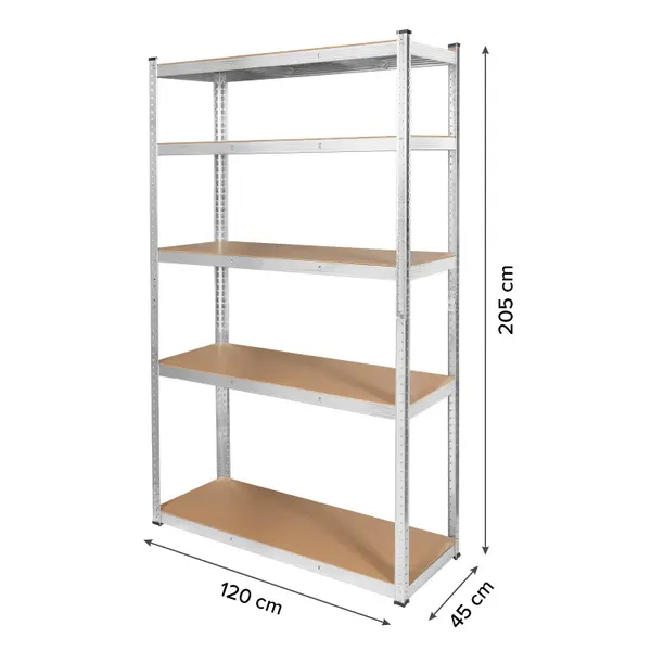 Raft metalic cu 5 polițe reglabile MDF, 205 x 120 x 45 cm, 175 kg/poliță, argintiu, Rebel RB-1253