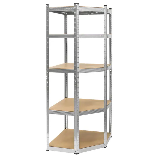 Raft metalic de colt cu 5 polite MDF reglabile, 175 kg/polita, 180 cm, push-in, argintiu, Rebel RB-1254