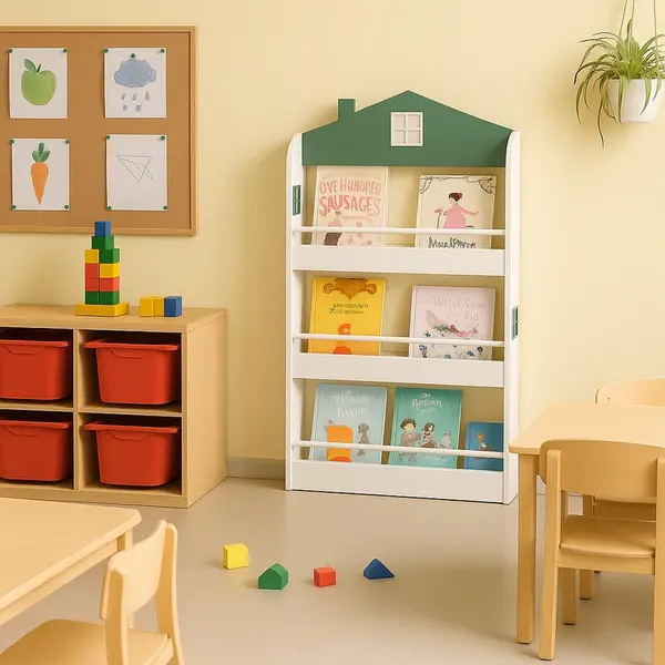 Raft organizator pentru carti si reviste Ginger Home model Casuta Montessori cu 3 rafturi,realizat din MDF,dimensiune 60x12x106 cm