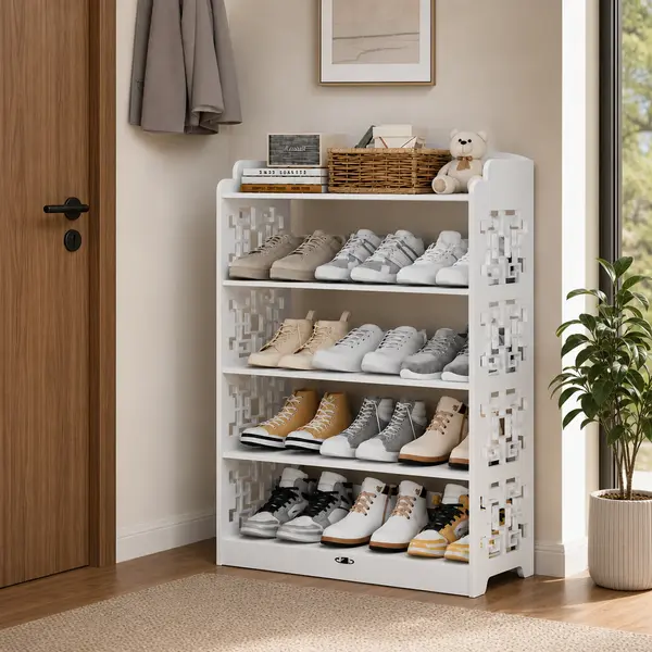 Raft pantofi din lemn, alb, cu 5 niveluri, design traforat, 90 x 24 x 62 cm