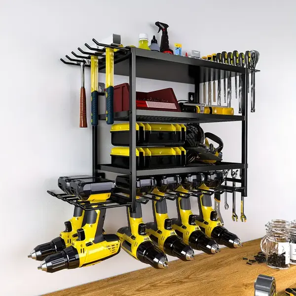 Raft pentru scule si unelte, din metal, cu montare pe perete, dimensiuni 60x41.5x24.5 cm, cu 4 compartimente de depozitare, carlige pentru agatare, negru