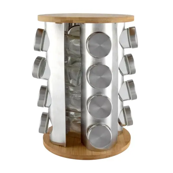 Raft Rotativ pentru Condimente, Otel Inoxidabil si Bambus, 16 Compartimente, Perfect Home