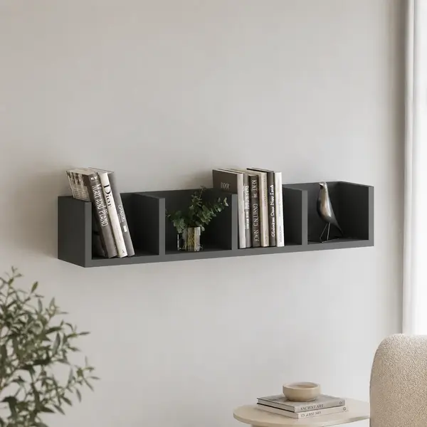 Raft suspendat din PAL 90,5x17,8x17 cm, cu 4 compartimente, pentru carti si decoratiuni