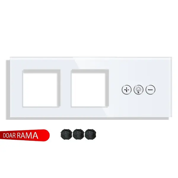 Ramă dublă priză din sticlă + panou întrerupător dimmer (Variator tensiune) M1