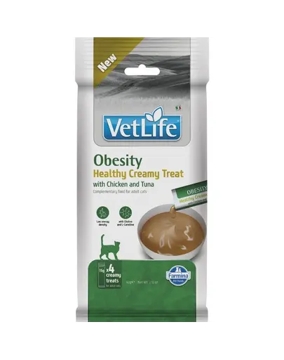 Recompensă cremoasă pisici adulte supraponderale FARMINA Vet Life Obesity 4x15 g cu pui și ton