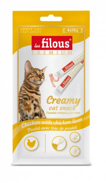 Recompense cremoase pentru pisici Les Filous, Pui si ficat de pui, 4 x 15g