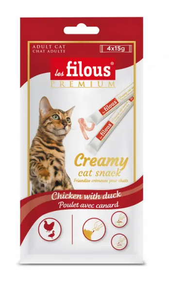 Recompense cremoase pentru pisici Les Filous, Pui si rata, 4 x 15g