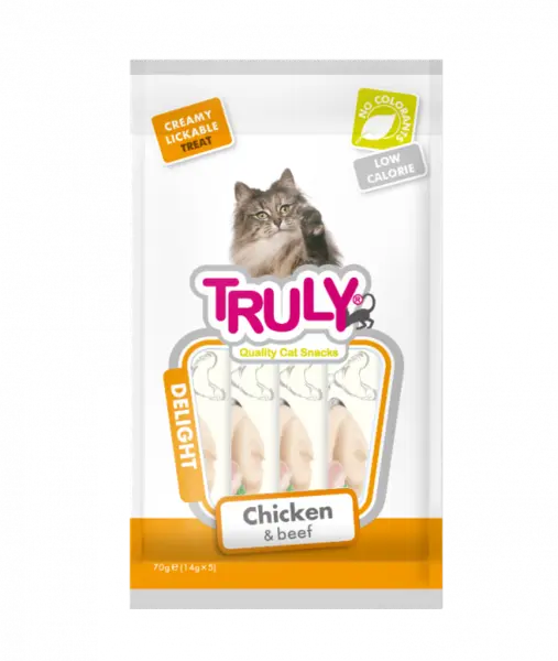 Recompense cremoase pentru pisici, Truly, pui si vita, 14g x 5 bucati