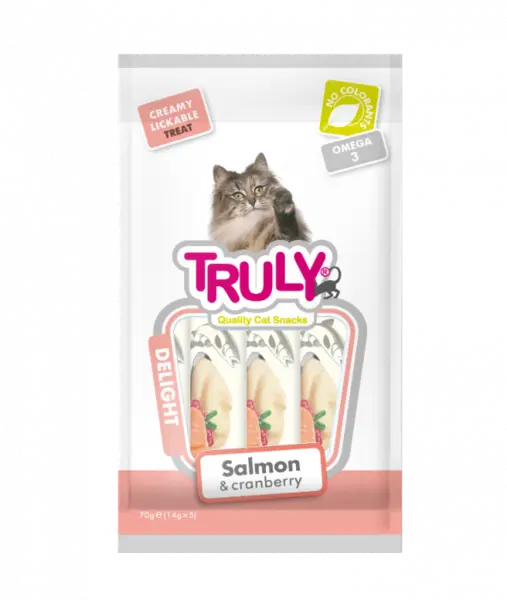 Recompense cremoase pentru pisici, Truly, somon si merisoare, 14g x 5 bucati
