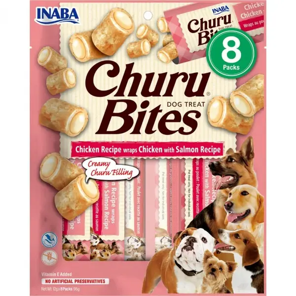 Recompense pentru caini Inaba Churu Bites, Pui si somon, 8 x 12g