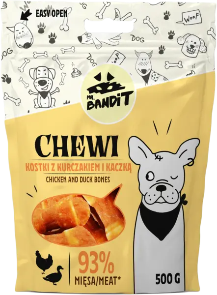 Recompense pentru caini Mr. Bandit CHEWI, oase de pui si rata, 500g
