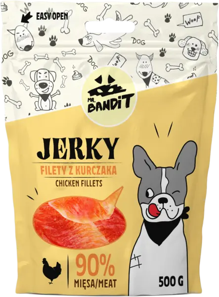 Recompense pentru caini Mr. Bandit JERKY, pui, 500g
