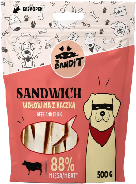 Recompense pentru caini Mr. Bandit SANDWICH, vita cu rata, 500g
