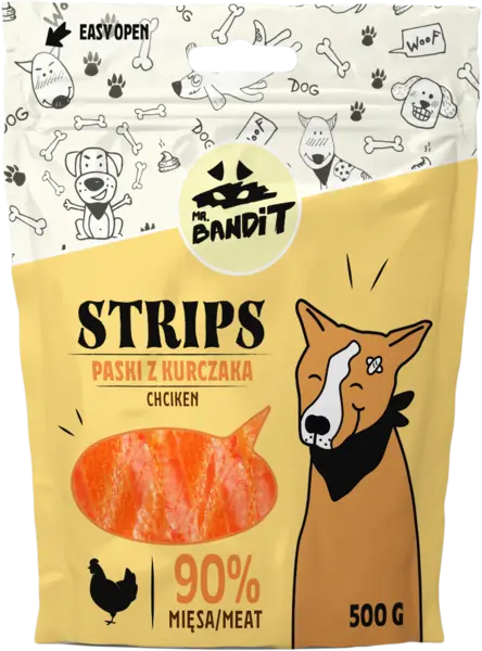 Recompense pentru caini Mr. Bandit STRIPS, pui, 500g