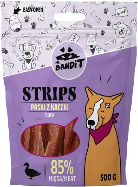 Recompense pentru caini Mr. Bandit STRIPS, rata, 500g