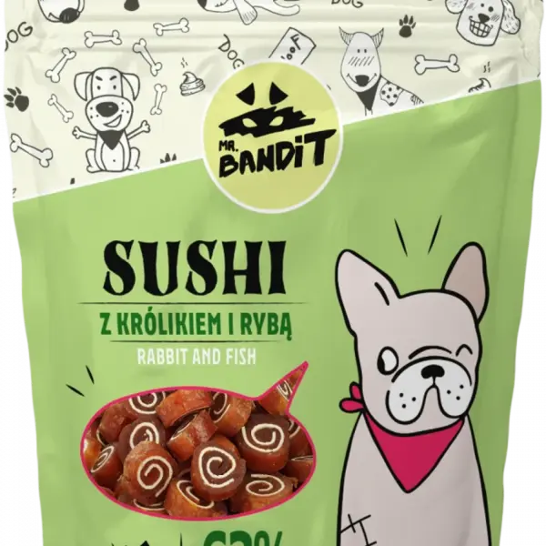 Recompense pentru caini Mr. Bandit SUSHI, iepure si peste, 80g