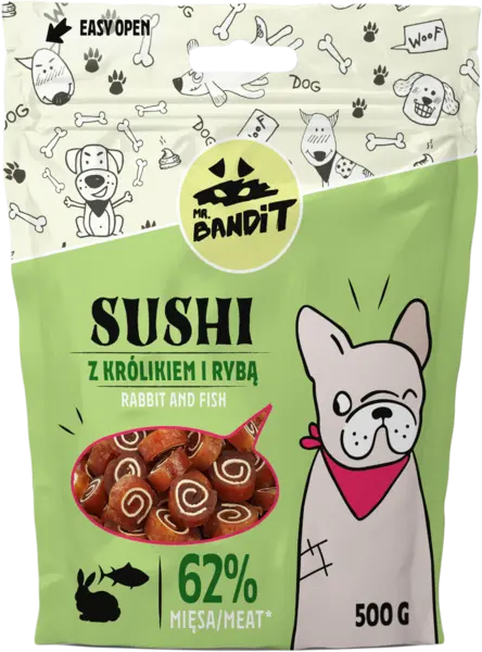 Recompense pentru caini Mr. Bandit SUSHI, iepure si peste, 80g