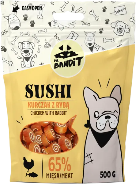 Recompense pentru caini Mr. Bandit SUSHI, pui si peste, 80g