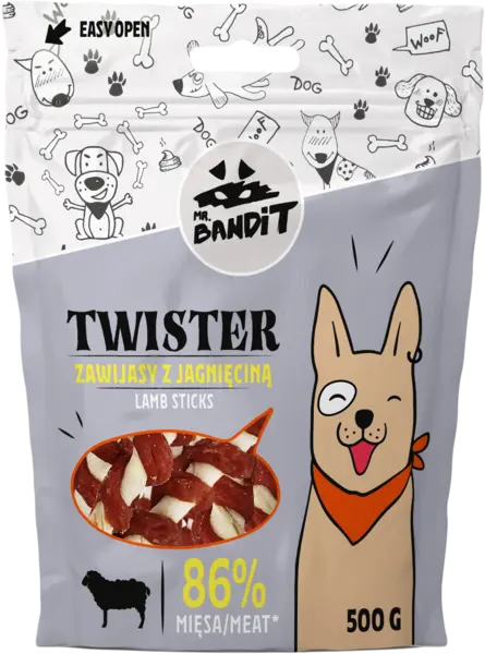 Recompense pentru caini Mr. Bandit TWISTER, miel, 500g