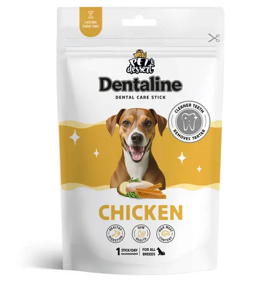 Recompense pentru caini Pet s Dessert Dentline Sticks cu pui 120 gr