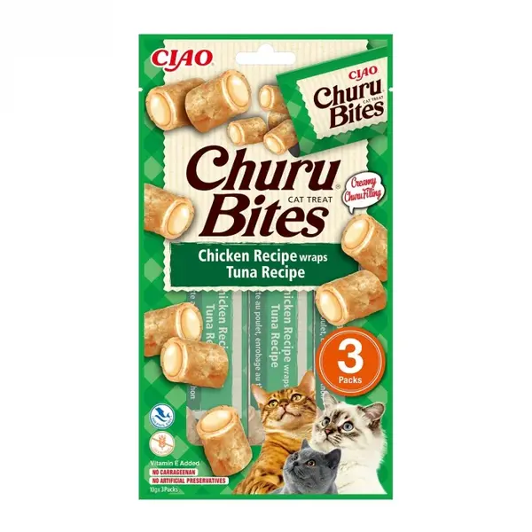 Recompense pentru pisici Inaba Ciao Churu Bites, Pui si ton, 3 x 10g